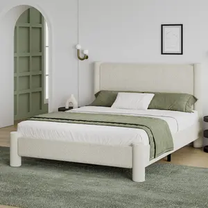 HOMBCK Soft Bed Frame, No Mattress, Boucle Bed Frame with Headborad, Upholstered Platform Bed Frame with Rounded Corners, No Box Spring Required