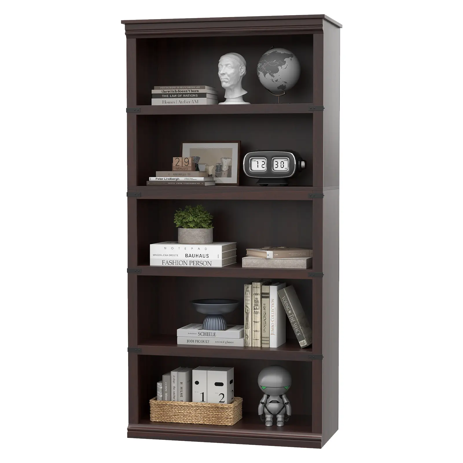 5-Tier MDF Wood Office Bookcase - Tall Rustic Farmhouse Large Bookshelf Cabinets,Racks & Shelves with Open Display Racks,Wall Anchor - High Durability Classic Cabinets for Home,Living Room - 31.5" W x 67.4" H,Grey/Vintage/Cherry