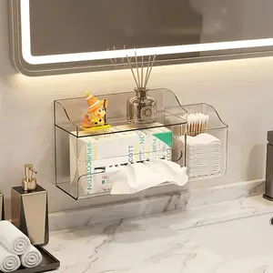 Acrylic Tissue Towel Storage Box Wall-Mounted Suction Cup Holder for Bathroom & Kitchen, Bathroom Accessories Organizer, Luxury Style Organizer for Face Towels