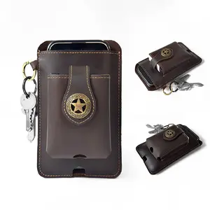 Vintage Cowhide Belt Waist Bag for Men - Multifunctional Phone & Card Holder with Keychain Genuine leather Belt Bag hiking waist bag Leather phone case with belt loops cell phone holster Keychain Holder bag  for Outdoor Hiking Travel bag hip