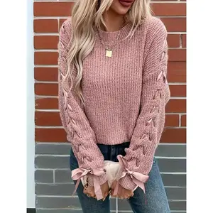 Women'S Soft Pink Oversized Bow Sweater - Cozy Loose-Fit Long Sleeve Round Neck Winter Sweater with Medium Stretch, Layering Essential for Casual & Semi-Formal Outfits, Warm Winter Sweater for Women, Soft Pink Sweater for Fall and Winter Layering, Hand Wa