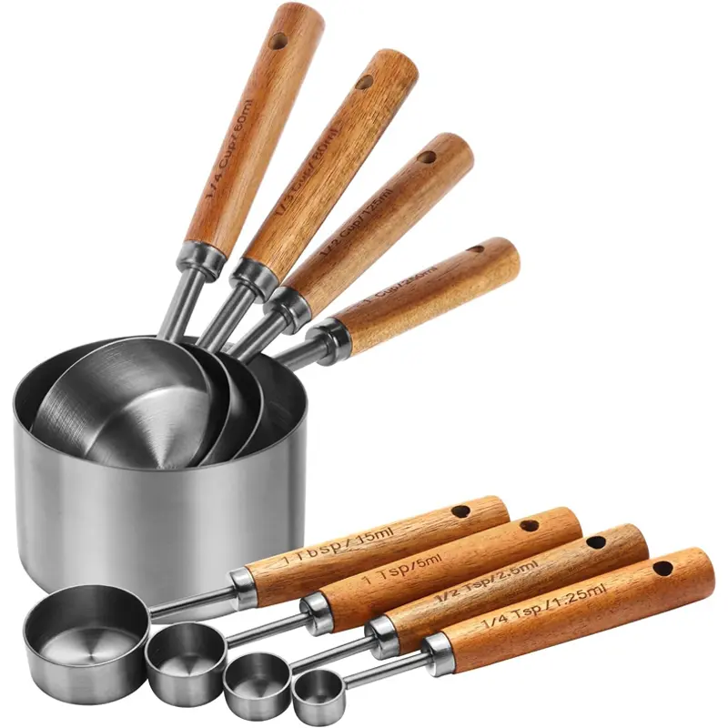 Silver 8-Piece Measuring Cups and Spoons Set - Stainless Steel 4 Cups, 4 Spoons with Wooden Handles, 0-500ml, Metric&US Standard, Sturdy, Accurate, Rust-Proof, Measurement Lines, Stackable Nesting for Easy Storage, Kitchen Utensils for Baking, Food Measur