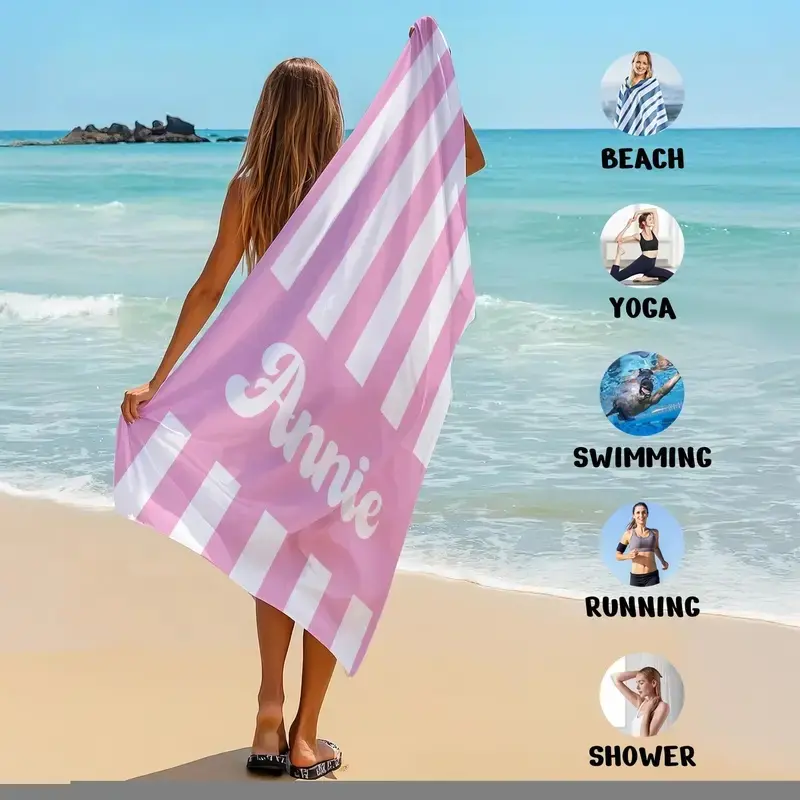 Personalized Striped Polyester Beach Towel - Custom Name, Logo, Microfiber Thin, Quick-Dry, Absorbent for Swimming Bath, Yoga - Home Supplies Bathroom Towel Gift for Back to School, One-Piece