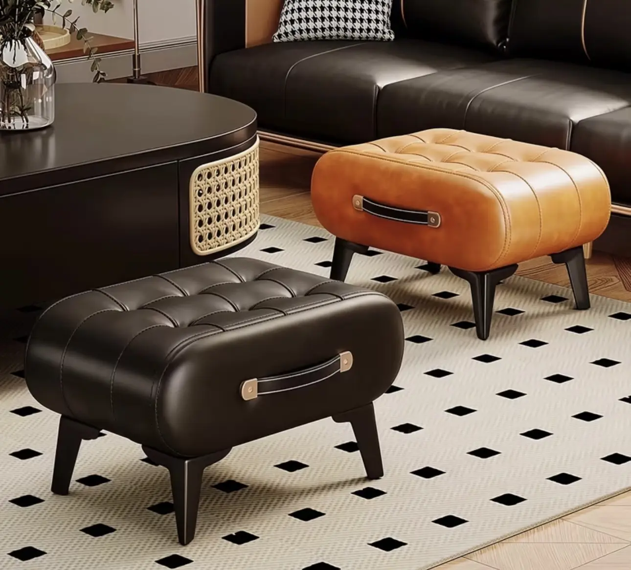 Ottoman with Tufted Design and Metal Handle for Living Room Decor Smooth Faux Leather Portable Footrest Ottoman with Carry Handle,