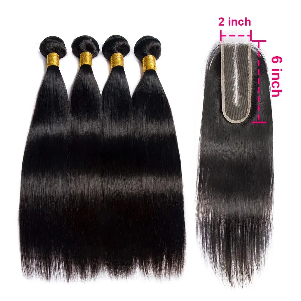 2X6 Lace Closure With Straight Bundles 100% Human Hair Natural Black Weaving Bundles With HD Lace Closure SewIn Remy Hair Extensions For Black Women Double Weft