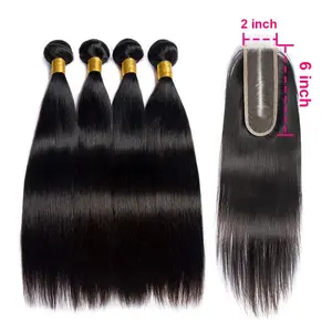 NEW 2X6 Transparent Lace Closure With Bundles Straight Human Hair Weaving Bundles And Lace Closure SewIn Brazilian Hair Extensions Natural Black Double Weft Good Quality