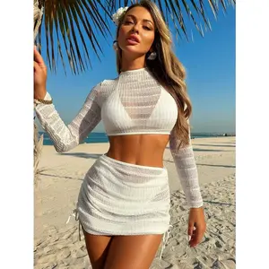 TikTok Viral 4 Piece Bikini Set, Sexy Black White Mesh Long Sleeve Cover Up & Pleated Skirt, Holiday Beach Bathing Suit
