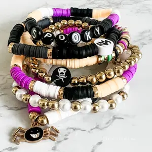 Spooky Halloween Stacking Bracelet Set – Heishi Beads, Gold Accents, Skull & Spider Charms – Halloween Arm Candy, Beaded Stretch Bracelets