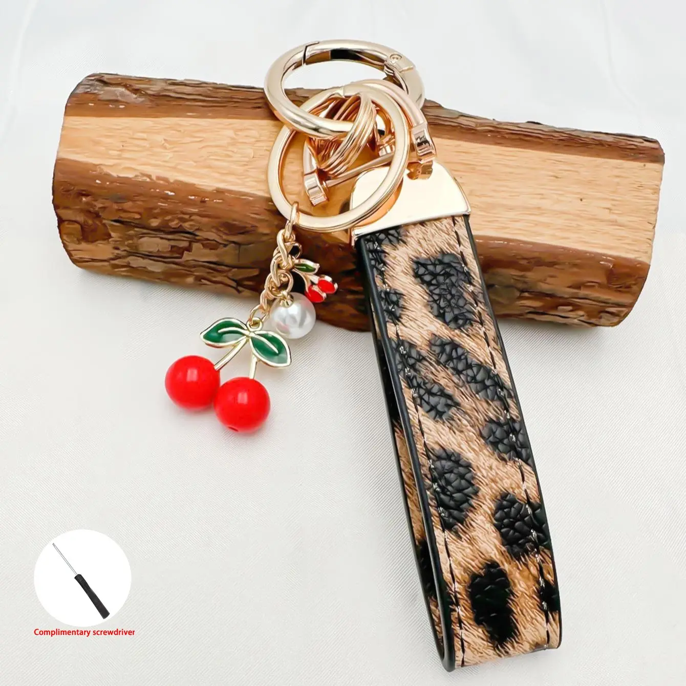 INS Style 2-Piece Set, Cool Keychains, Leopard Print & Embossed Keychains with Cherry/Star Pendants (Including Screwdriver), Stainless Steel Anti-Fading Design, Women's Bag Pendants, Car Keychains, Trendy Jewelry Gifts, Keychains for Bags, Keychain