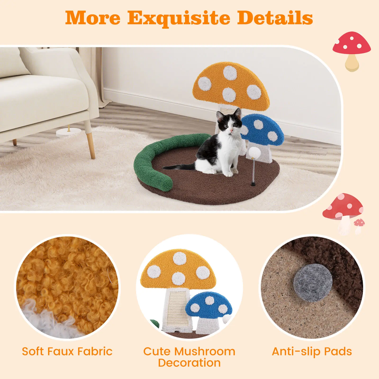 COSTWAY - Mushroom Cat Bed Cat Claw Scratcher with Wide Bed and Sisal Scratch Panel-Multicolor