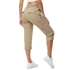 Womens Cargo Capris with Pockets Lightweight Hiking Pants Quick Dry Casual Cropped Summer Trip Cotton, Joggers Fit, Comfy, Flexible Fit, Coastal Style, Adjustable, Straight Leg, Weekend Wear, Trousers Fit
