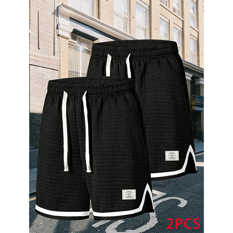 Men’s 2-pack waffle-textured cool ice shorts with a contrast striped knit design featuring tag motifs, drawstring and pockets—classic, chic, breathable shorts suitable for everyday summer wear and streetwear, ideal as gifts