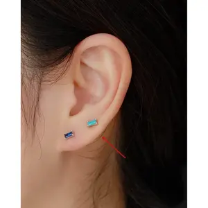 18G Tiny Rectangle Stud Earrings for Women Girls 925 Sterling Silver Hypoallergenic Minimalist Cute Small Studs Cartilage Tragus 3mm Ball Screw Back Dainty Birthstone Jewelry Gifts Christmas Birthday