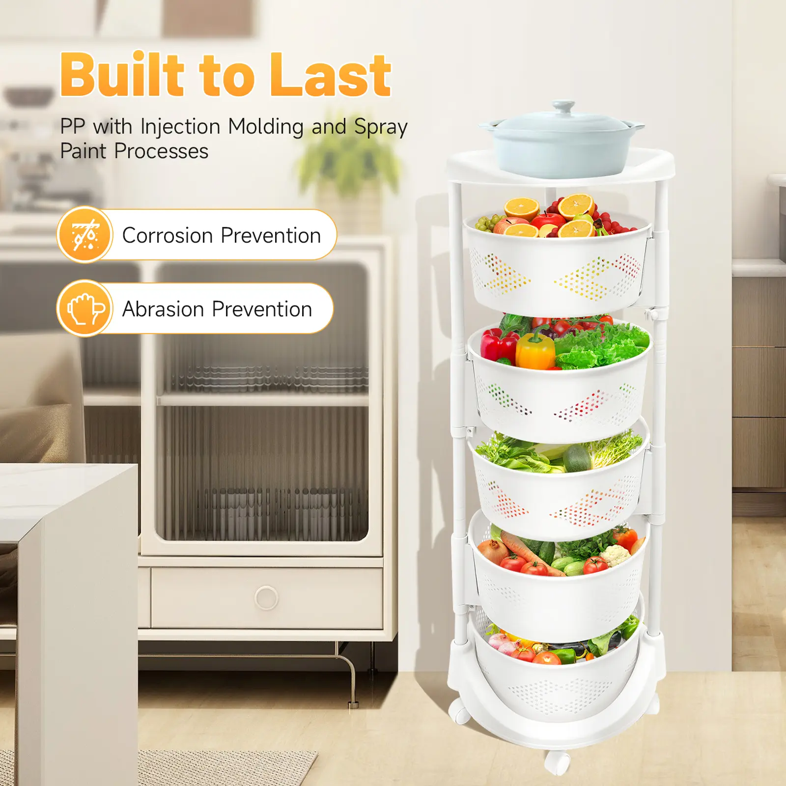 5 Tier Rotating Storage Shelf 14.37x36.22In 110Lbs Load PP White 180° Rotation For Kitchen Bathroom Home Organizers