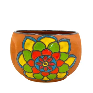 Mexican Talavera Bule Planter Hand Painted - Terracotta Dark Blue Trim