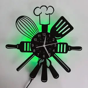 Retro Vinyl Record Wall Clock with Fork and Spoon Hands, Home Decor Unique Gift for Living Room, Bedroom, Kitchen, Clear Numbers, Creative Digital Style