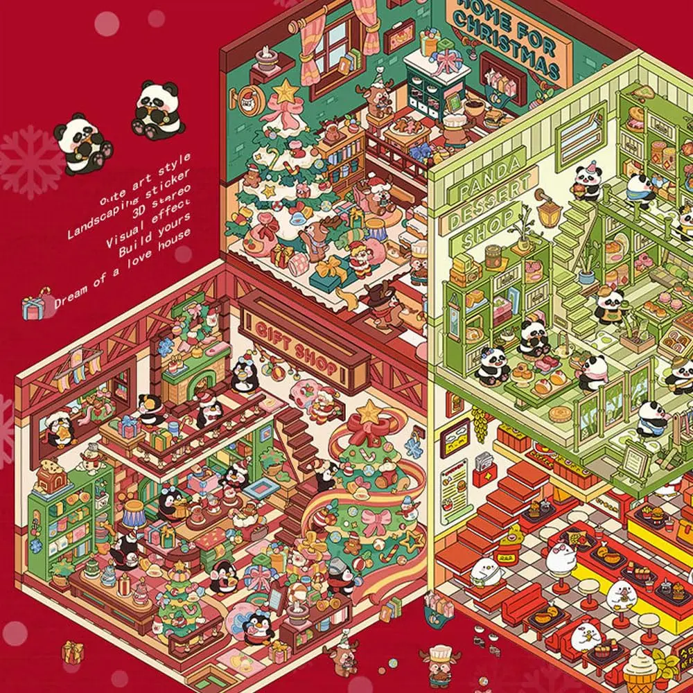 3D Sticker Scene, 4 Sets Christmas 3D House Stickers for Adults Kids, Make Your Own Stickers 3D Miniature Sticker Scene Relief Stress  Pass The Time，Ship From China