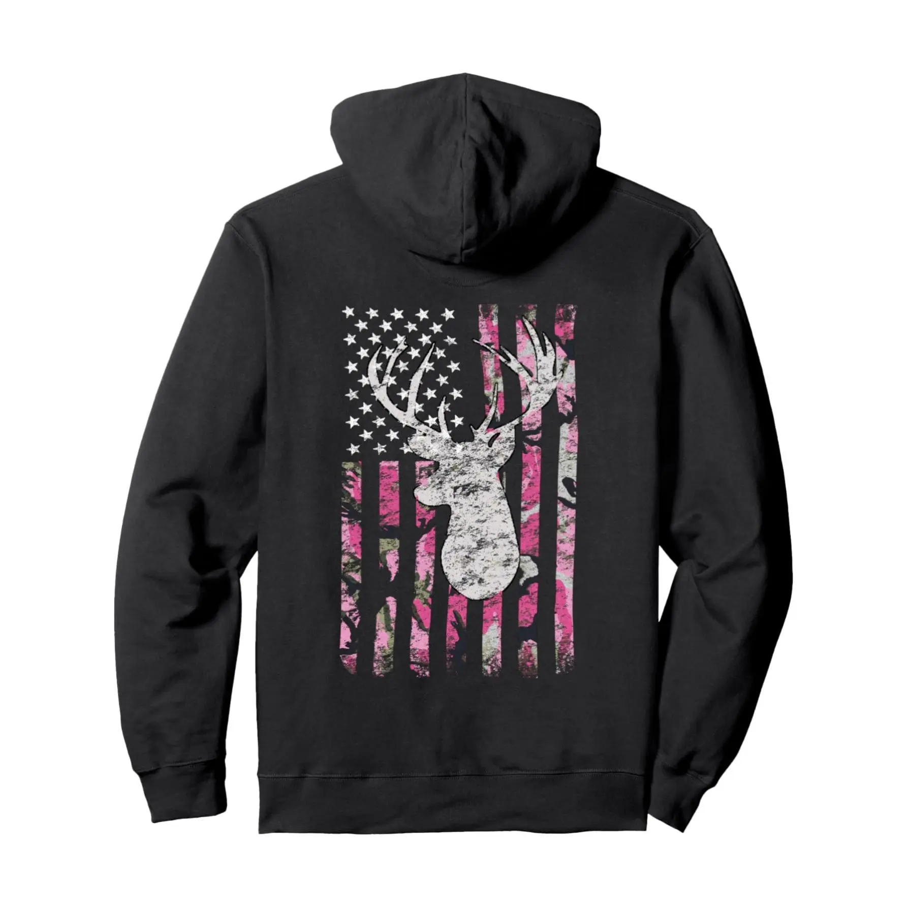 Men's Fitted Pullover Hoodie with Cartoon Deer Skull Back Graphic, Distressed Pink Camo Print, Soft Breathable Fabric, Cartoon Print, Cotton, No, Back Print