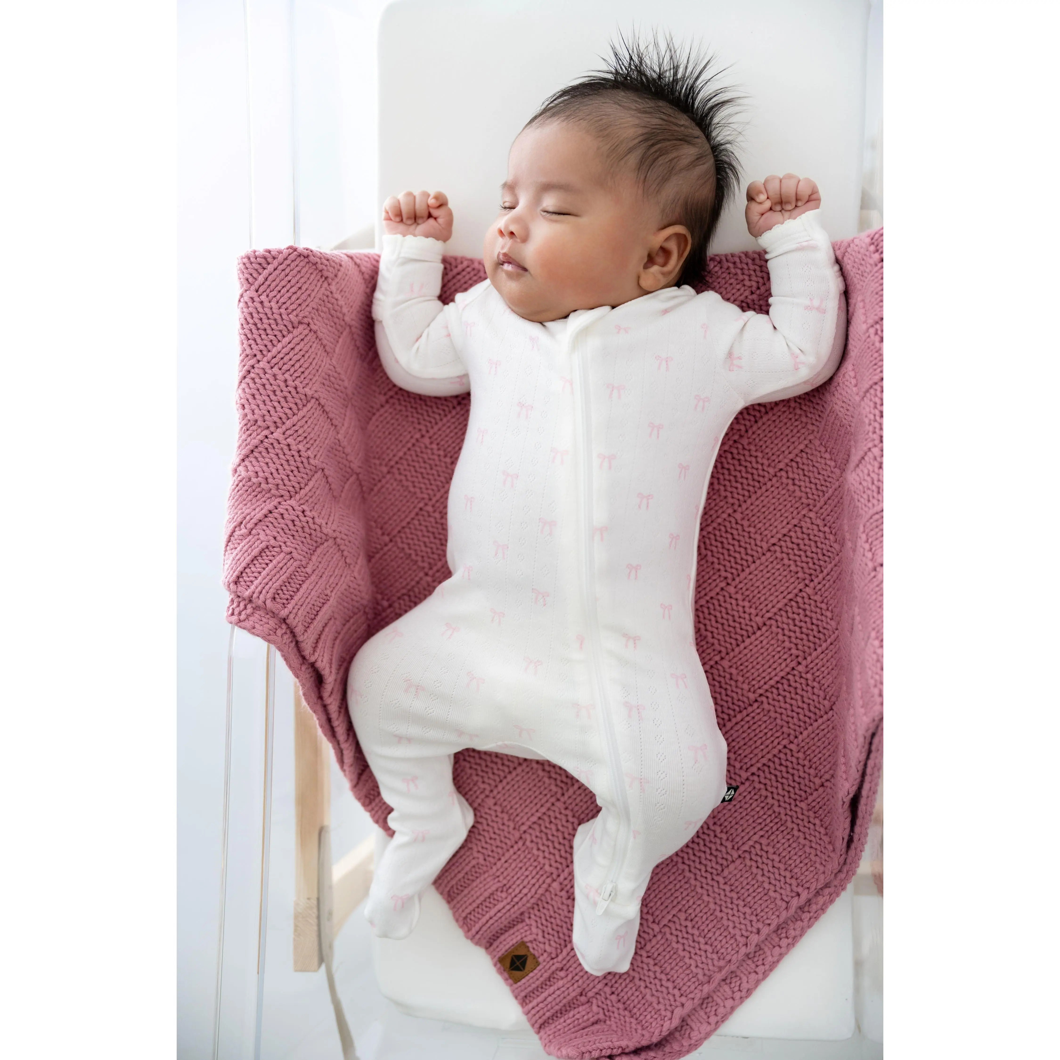 Pointelle Zippered Footie in Sweet Pink Bow