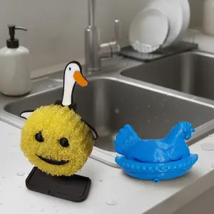 Cute Farm Animal Sponge Holder with Drain Hole, 3D Printed Sink Organizer for Scrub Daddy, Funny Goose & Hen Kitchen Gadget Gift
