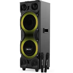 PARTY SPEAKER Dual 12" X-Bass Wooden Cabinet Audio Device with Bluetooth, LED Lights, Wireless Microphones, Wheels, Rechargeable Battery and Portable Handle
