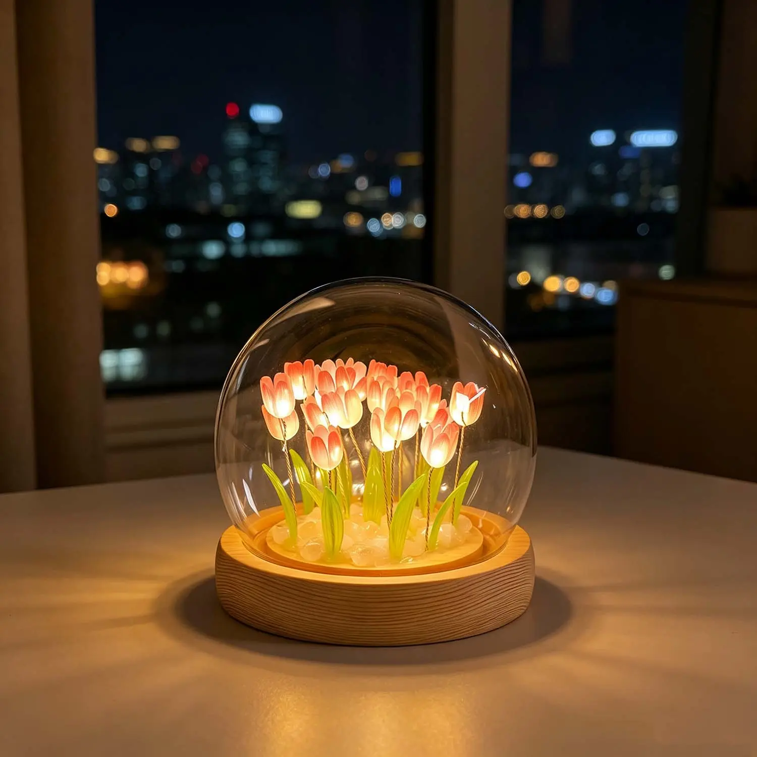 Pink Tulip Glass Dome Night Light - 10x10cm Compact Pre-Assembled Cordless Desk Lamp with Wood Accent, Warm Glow, Bulb Included, Gift Bag, Indoor Use Decor, Birthday Gift for Her