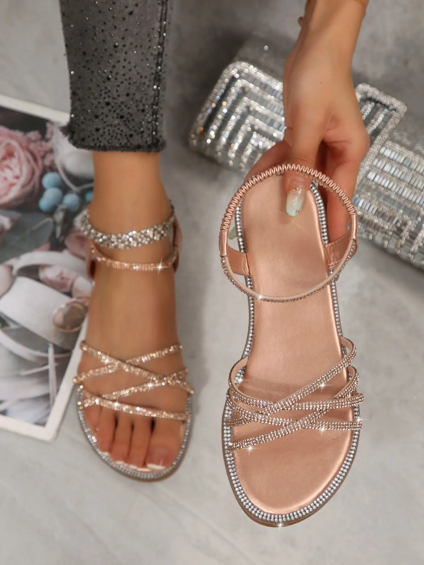 Summer New Casual Fashion Glass Rhinestone Elastic One-Step Women's Outdoor Beach Glitter Sparkly Sandals Adjustable Strappy Comfy All Match Sandals, Stylish and Comfortable Footwear