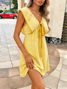 Vibrant Yellow Gingham Tie-Front Mini Dress | Sleeveless A-Line Summer Dress French Retro Yellow Gingham Dress | Vintage Tie-Front Sleeveless Mini Dress Relaxed Yellow Gingham Beach Dress | Swimsuit Cover-Up Tie-Front Mini Dress