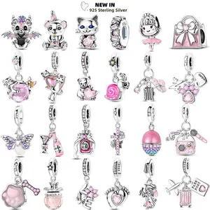 Pink series Charms Plata De Ley 925 Original Heart Pet Cat Dog Bow Handbag luggage Charm Beads Fits Bracelet DIY Jewelry Making