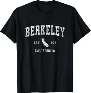 Women's 100% Cotton Shortsleeve Round Neck Top - Berkeley CA Vintage Distressed Sports Design, Casual Beach Fit Tshirt