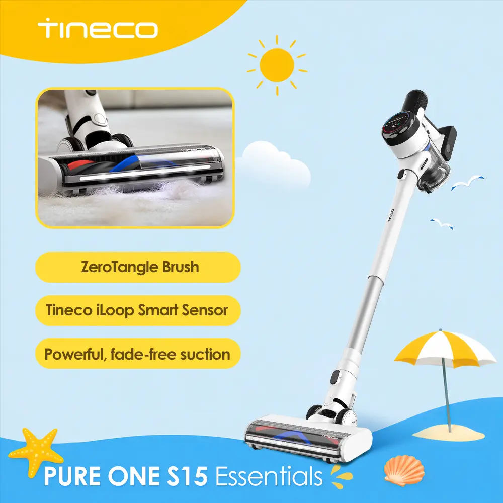 TINECO PURE One S15 Essentials Smart Cordless Stick Vacuum Cleaner - Powerful Fade-Free Suction, 4X Longer Runtime, Anti-Tangle Brush, LED Headlights for Multi-Surface & Pet Hair Cleaning