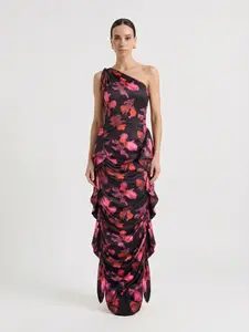 LikeMyChoice 2026 One Shoulder Floral Maxi Dress with Ruffle Ruched Design in Fuchsia & Red for Formal Events - Casual, Fabric