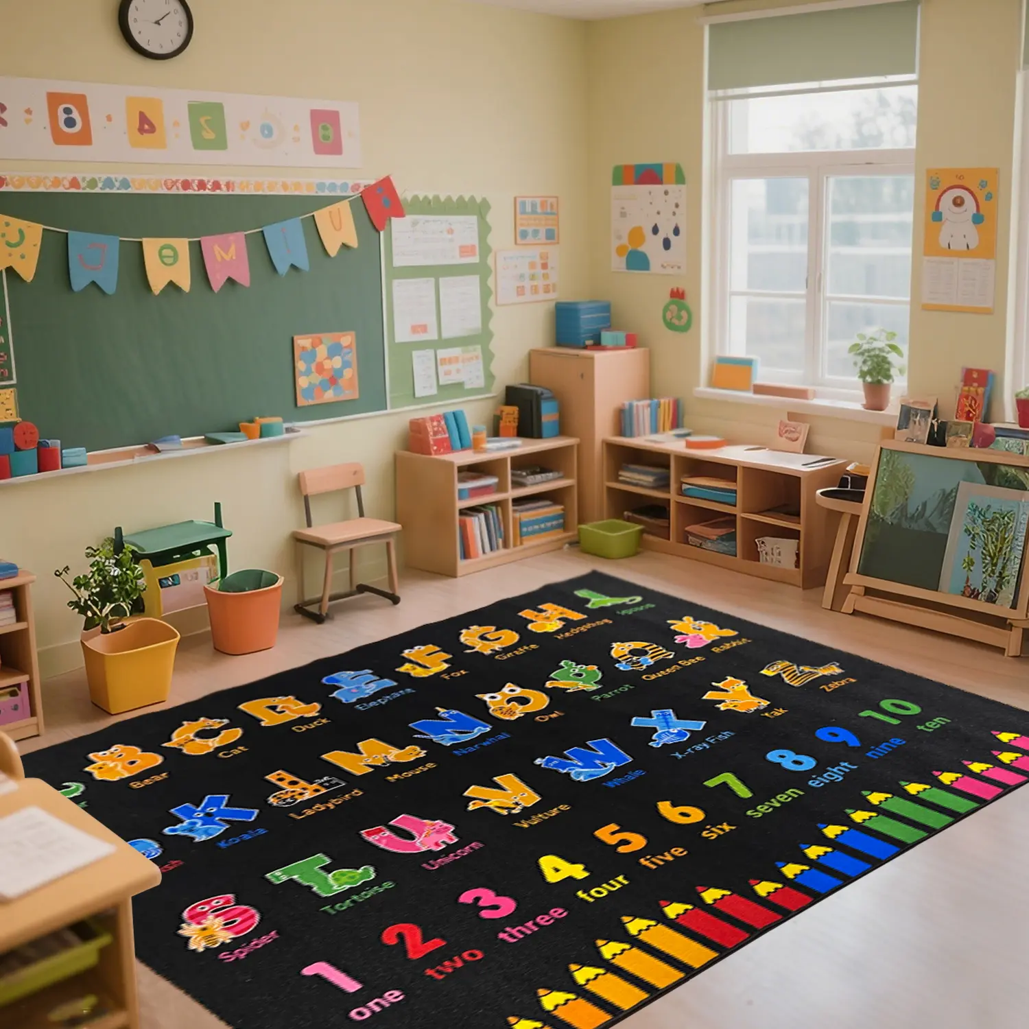 ABC Classroom Rug Crayon Preschool Rugs for Classroom, Large Alphabet Rugs Elementary, Black Daycare Rug for Children,Kid Learning for Kindergarten Educational