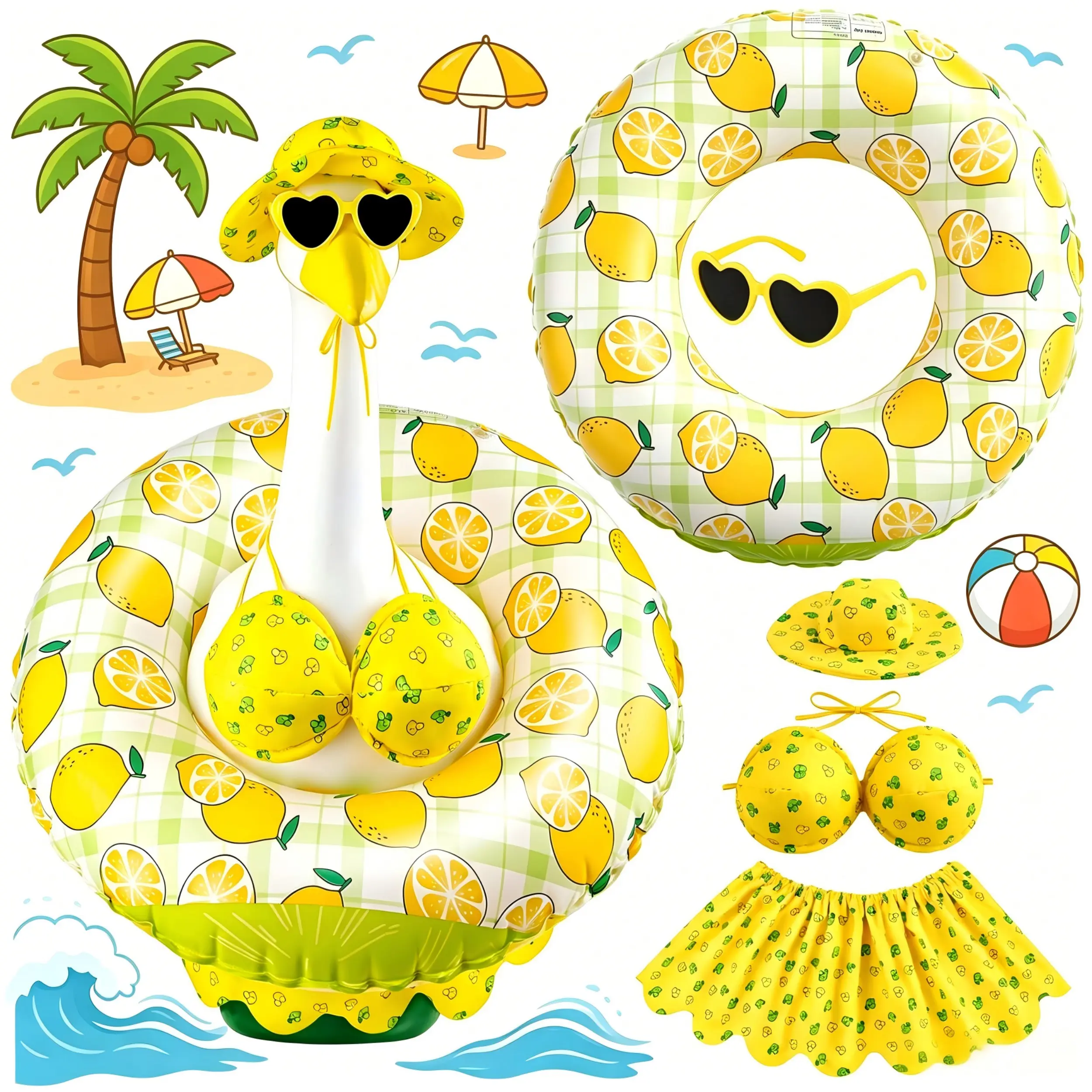 23 Inch Lemon Bikini Goose Outfit, Summer Beach Costume with Inflatable Swim Ring, Straw Hat & Sunglasses for 23" Porch Lawn Goose Statue, Tropical Pool Party Clothes (Goose Not Included)