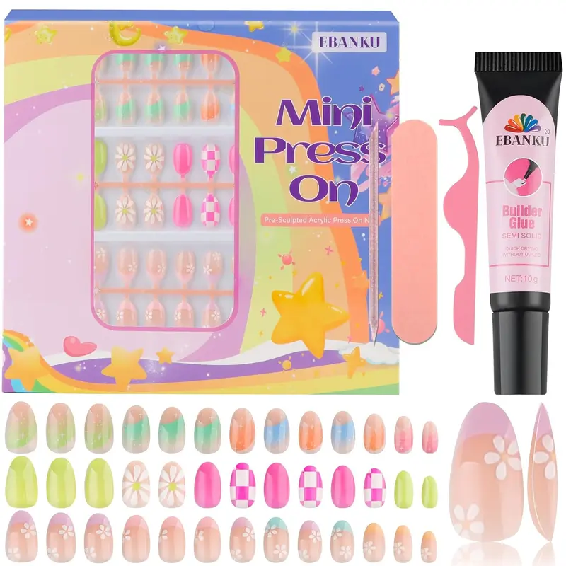 EBANKU Press on Nails Kit for Kids,Includes 144、130、78、24 Pieces Per Pack,Colorful Flower Almond Fake Nail Tips for Girls, Kid Fake Nail Kit for Girls 8-12 Years Old with Jelly Nail Adhesives Valentine Nails Kit and Birthday Gifts Holiday Haul Diy