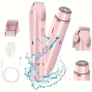 Bikini Trimmer for Women, Electric Shaver and Razor Rechargeable 2-in-1 Body and Facial Epilator, Dual Heads for Painless Trimming of Pubic Hair, Face, Underarms and Legs, Summer Gift