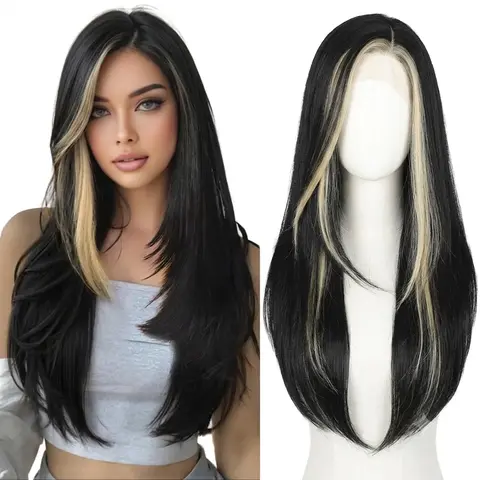 AISI HAIR Glueless Synthetic Fiber Lace Front Wig for Women - 26in 13x5 HD Lace, Pre-Plucked Natural Straight Hand-Tied, Heat Resistant Up to 180°C, Medium Cap Size with Adjustable Straps, Beginner-Friendly, Easy Install, Daily Use