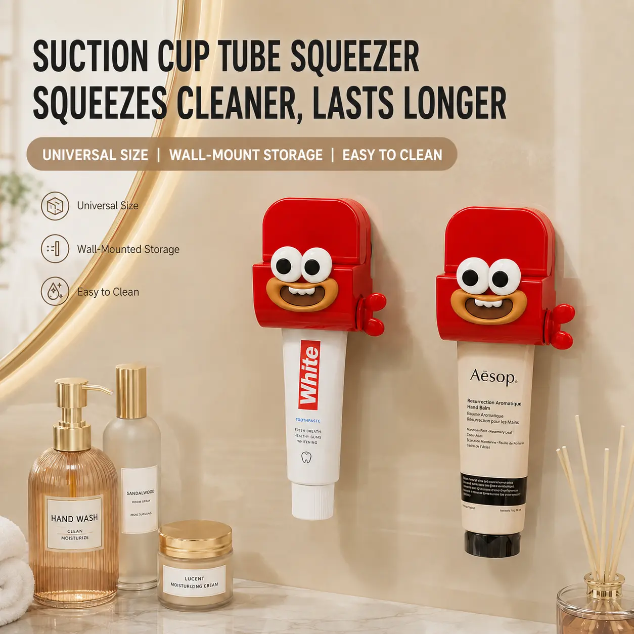 Suction Cup Toothpaste & Cosmetic Squeezer 2 Pack | 1-step Easy Install, One-hand Operation Toothbrush Bottles