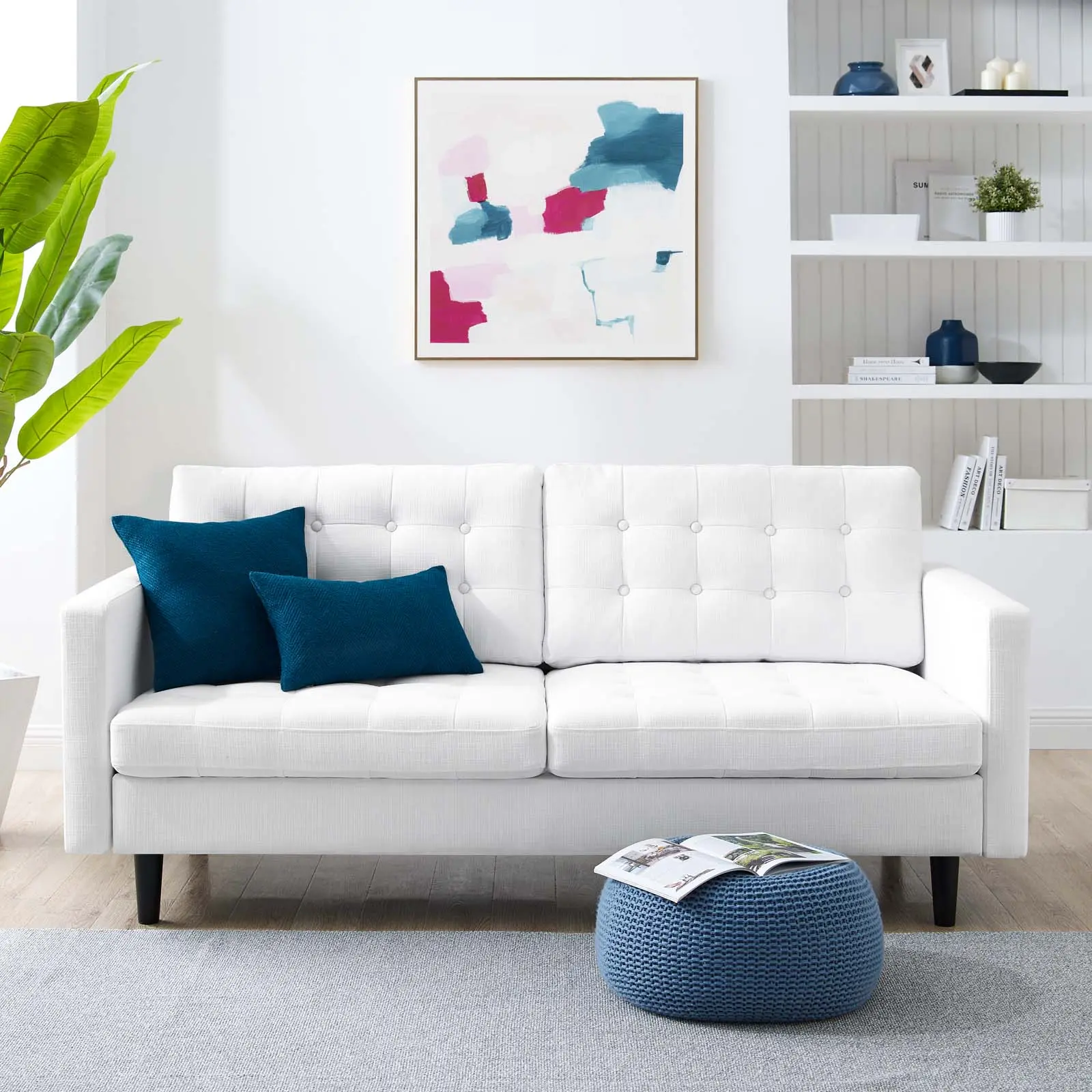Modway Exalt One-Size Tufted Single-Seater Sofa - White Comfy Modern Interior Couch, Mid-Century Design, Dense Foam Polyester Apartment Indoor Furniture, Assembly Required for Living Room, Home Office