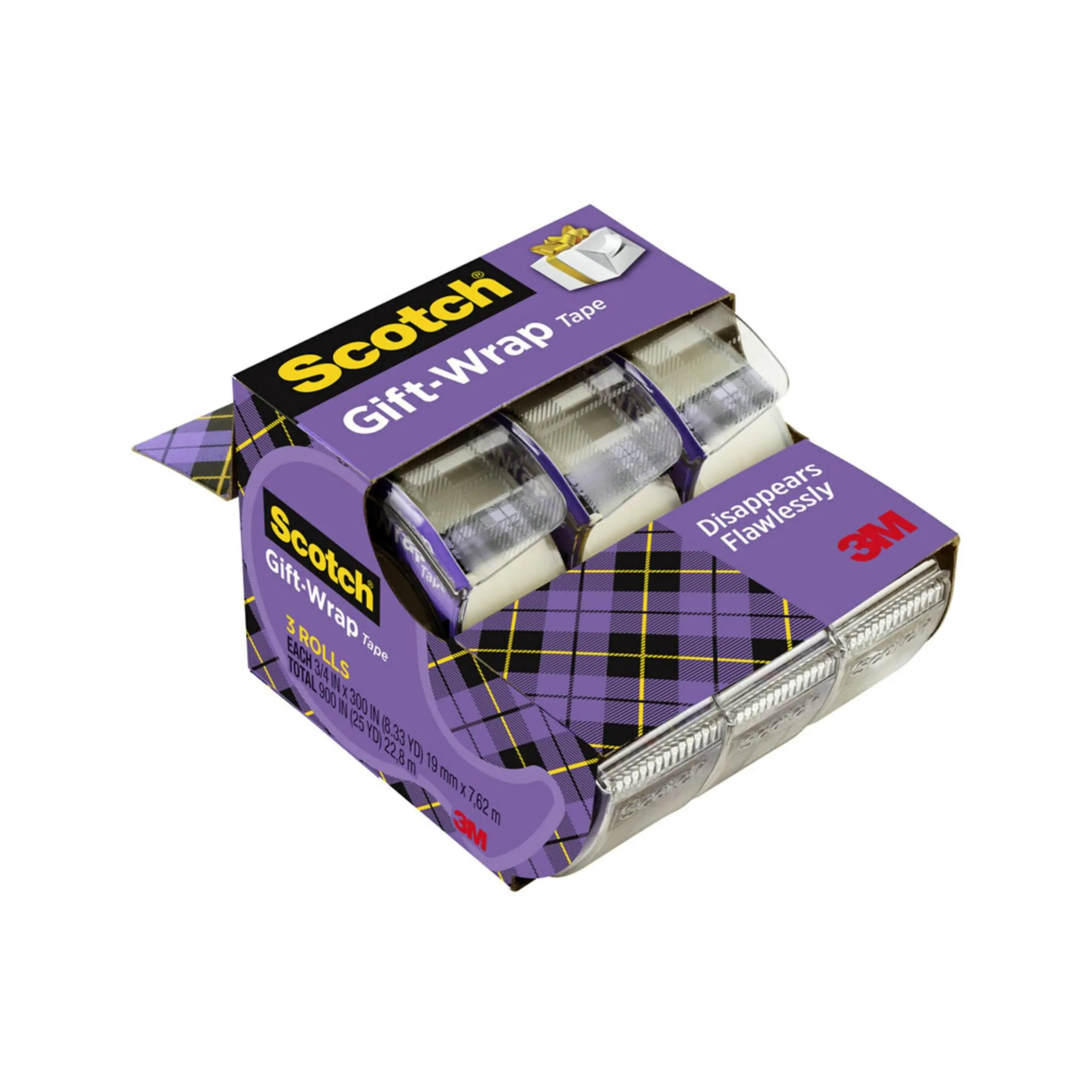 Scotch Satin-Finish Gift Wrap Tape - 3/4in x 300in, 3 Rolls, Easy Dispensing, Nearly Invisible, Disappears on Most Paper, for Office Stationery & Birthday Wrapping Needs