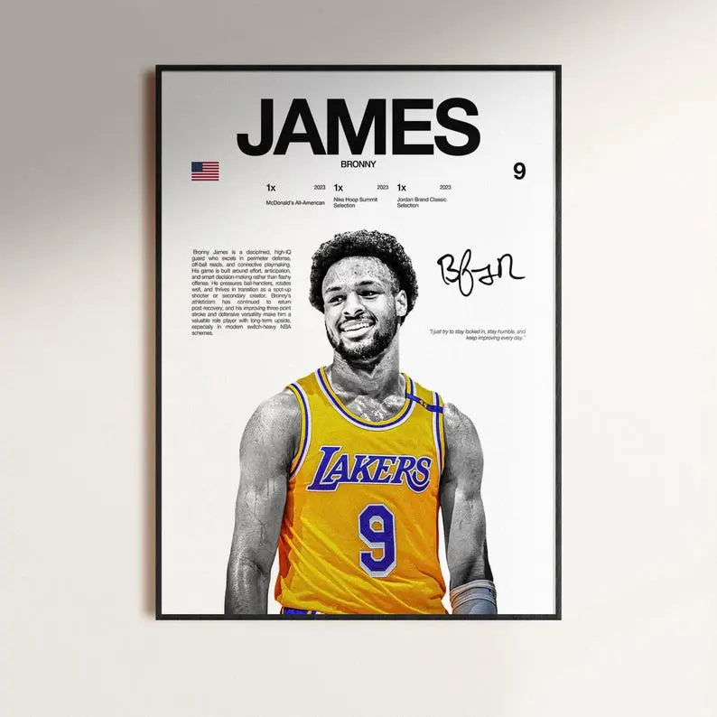 Bronny James Poster, NBA Wall Print, Basketball  NBA Poster Print, Sports Home Decor, Los Angeles Lakers Poster, NBA Gift