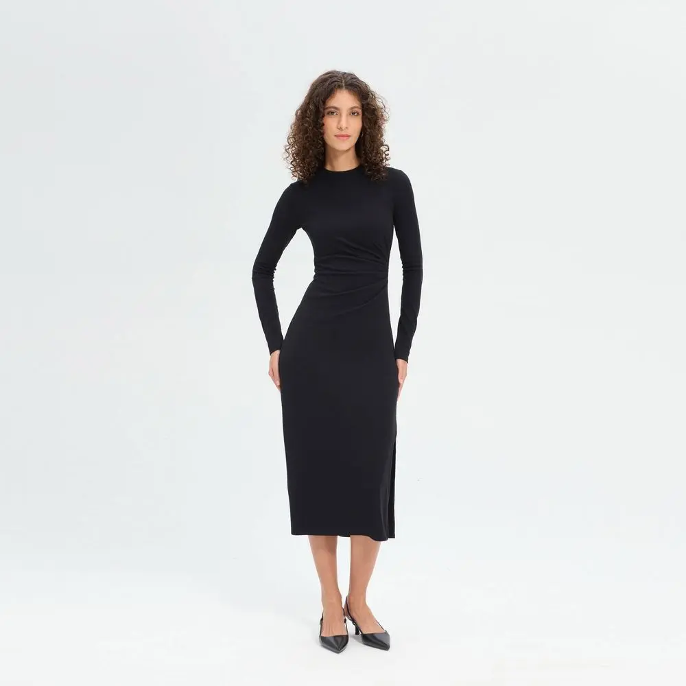 Women's Soft Knit Rayon A-Type No-Fitted Basic Long Sleeve Faux Wrap Midi Bodycon Casual Dress - A New Day, Spandex Garment Fabric