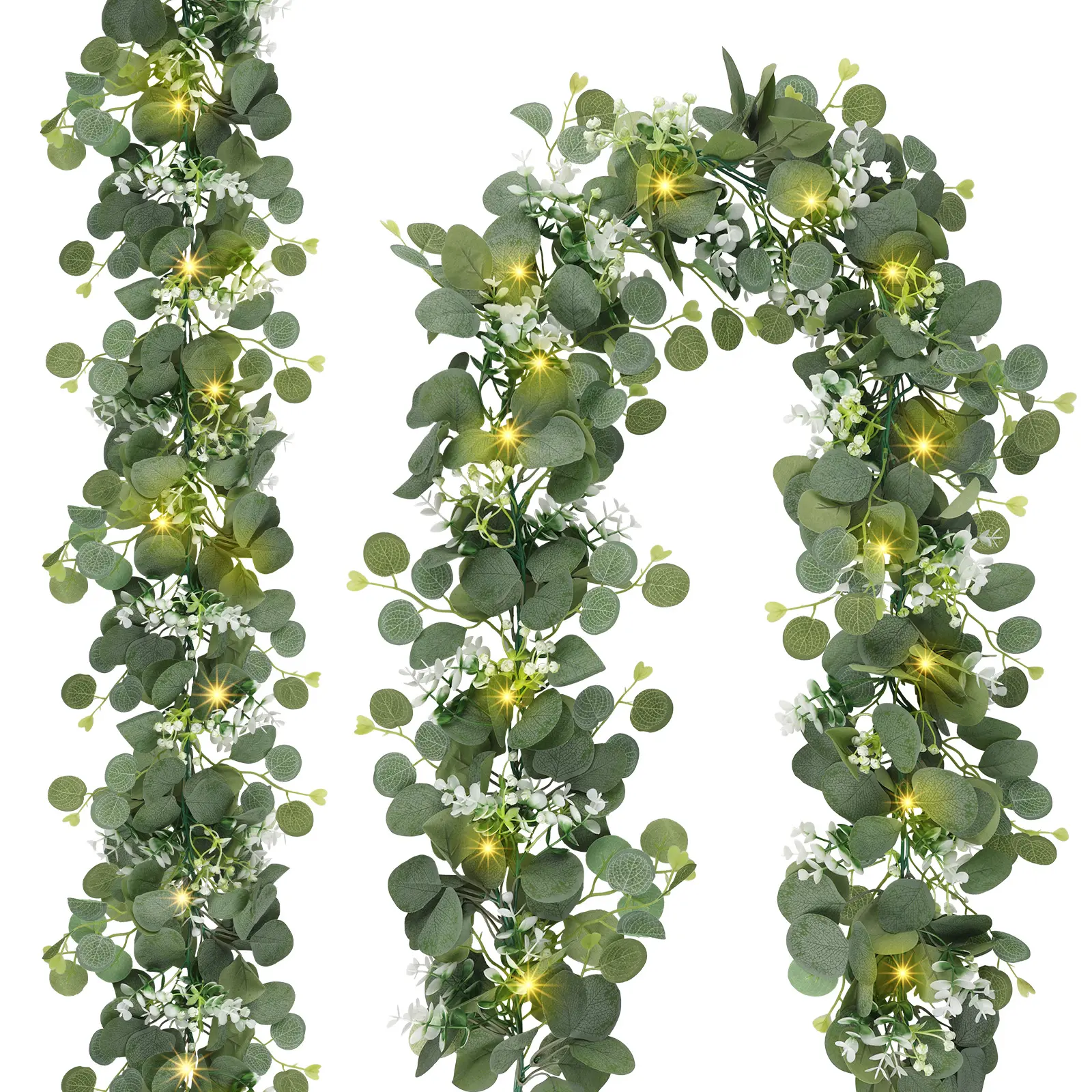 2 Pack 6FT Artificial Eucalyptus Garland with Warm White Lights – Battery Operated Greenery Vine for Home, Wedding, Party, Mantle & Stairs Decoration”
