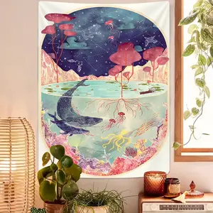 1pc Large Polyester 2D Flat Marine Life & Starry Night Tapestry - Greek Key Border Ocean Theme Wall Hanging, Deep Blue & Turquoise Sea Creatures Decor for Bedroom, Dorm - Whale Shark, Jellyfish, Coral Reef Print Fabric Art