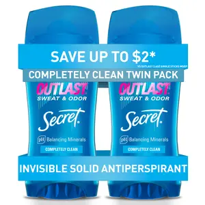 Secret Outlast Invisible Solid Antiperspirant Deodorant, Completely Clean, 2.6 Oz Twin Pack Procter & Gamble