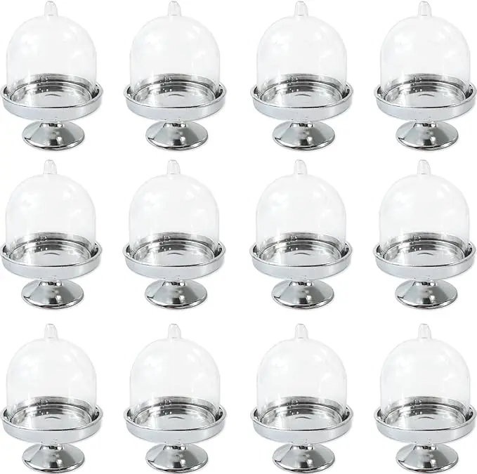 24PCS Silver Mini Cupcake Stand Set with Transparent Plastic Gift Boxes & Tiny Cake Domes - for Wedding Chocolate, Coconut Macaroons (Home, Festive Party Cake Decorations)