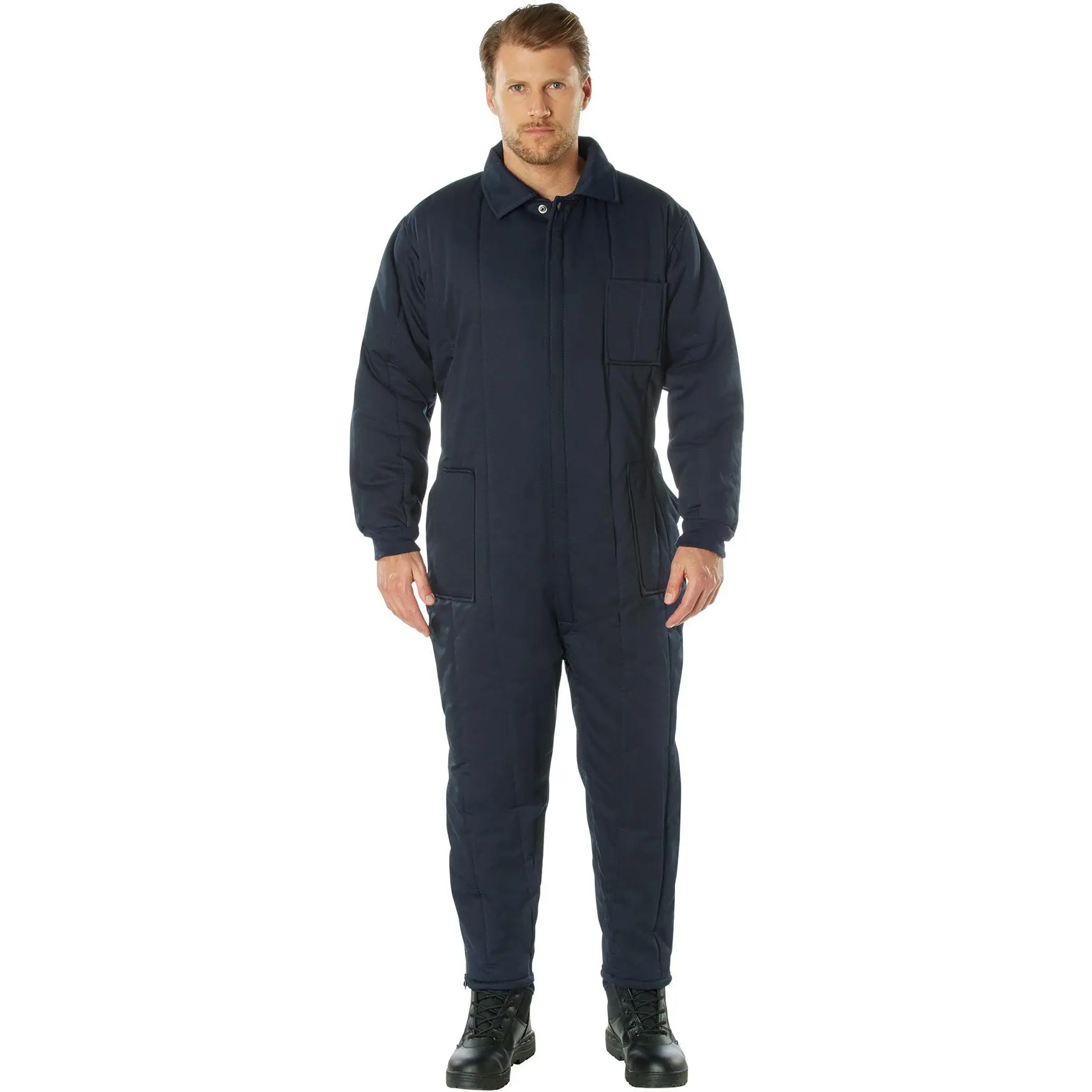 Men's Long Plain Insulated Navy Blue Workwear Coveralls - Polyester-Cotton-Nylon Blend Menswear Clothes, Cold Weather Protection, Full Body Uniforms, Knit Fabric, Functional Pockets