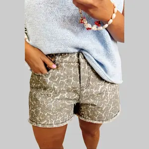 Dear-Lover Women's Khaki Raw Edge Leopard Print Jean Shorts, Relaxed Fit Classic Denim Bottom, Casual Bold Edgy Style for Everyday Comfort