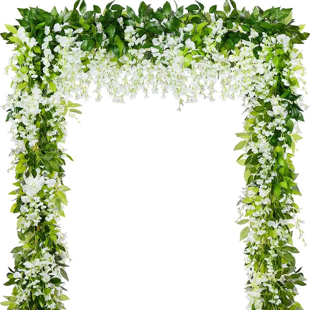 Wisteria Artificial Flower Garland,4PCS Wisteria Hanging Flowers for Wedding Decor,Wedding Arch Flowers,Flower Garland for Backdrop,Fake Hanging Flowers Vines for Wedding Decor( 7.2 FT-White)