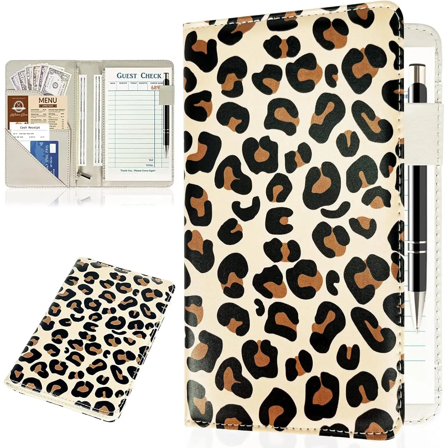 Server Books for Waitress, Waitress/Waiter Book Organizer with Zipper Pouch, Guest Check Book Holder  Pocket Restaurant Waitstaff Organizer Leopard Pattern
